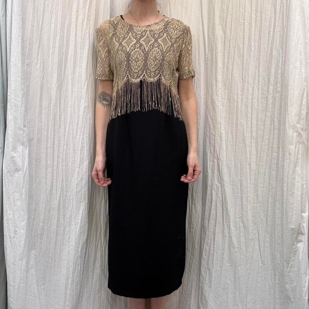 Black Pencil Dress with Separate Gold Fringe Top Vintage 90s Shar Aide Sm Formal